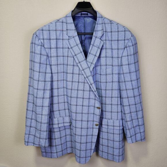 Stafford Windowpane Sport Coat Mens 58L Linen Blend Big Tall Blazer Jacket Blue - Picture 1 of 15